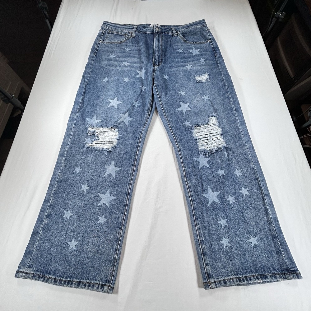 NEW Saige Medium Wash Star Print Cuffed Boyfriend Jeans 3XL 38x30 Distressed